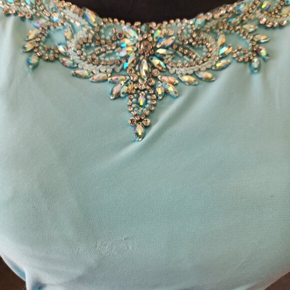 Envious 17119 Size 6 Aqua/Ivory Jersey Knit Print Prom Dress Evening Formal - Picture 5 of 9